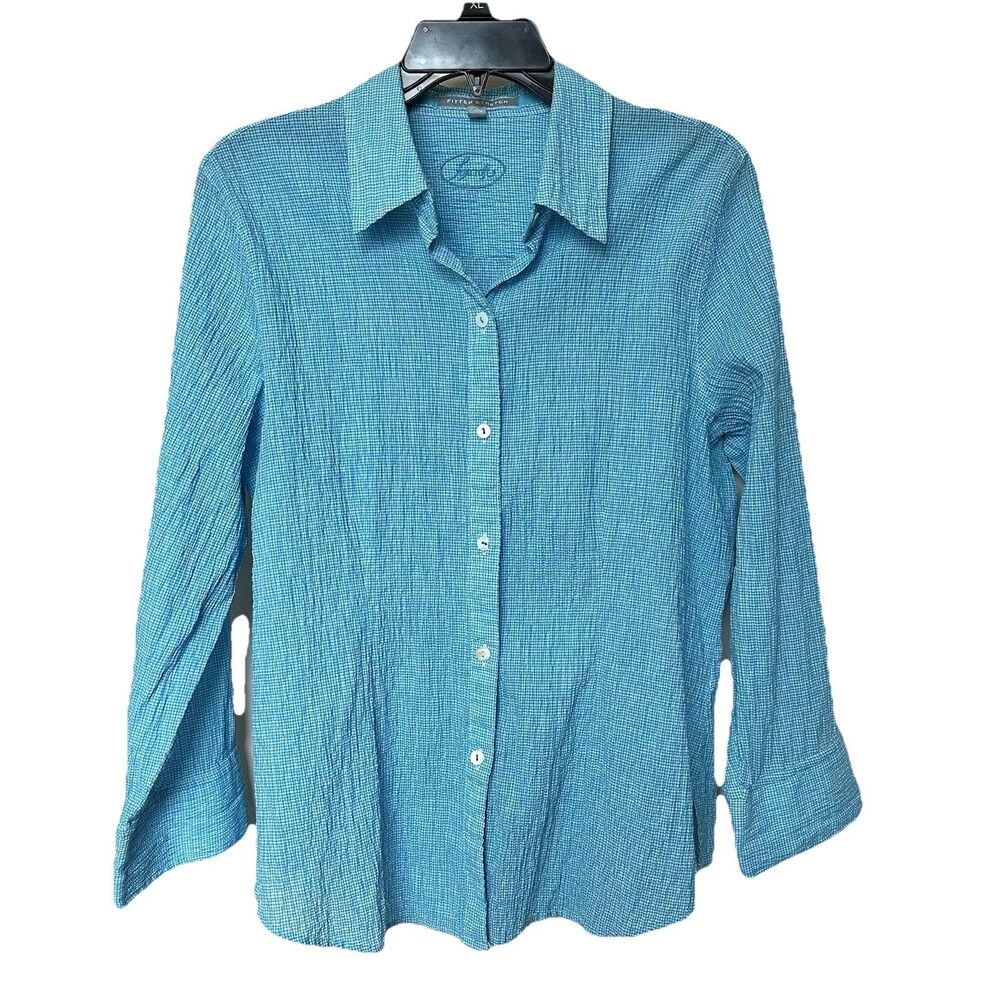 Foxcroft Top 14 Non Iron Fitted Blue Micro Gingham 3/4 Sleeve Seersucker Preppy
